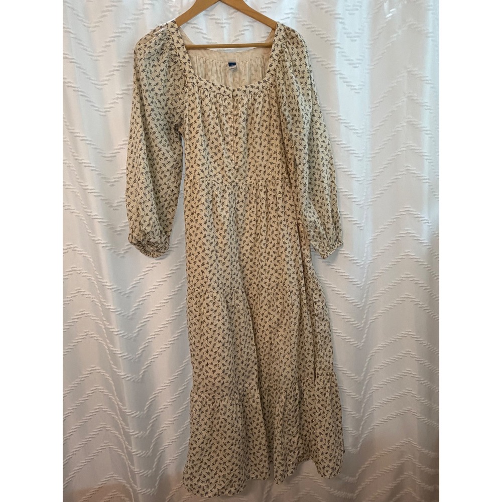 Old Navy Womens Cream Floral Gold Metallic Tiered Midi Dress Square Neck Medium